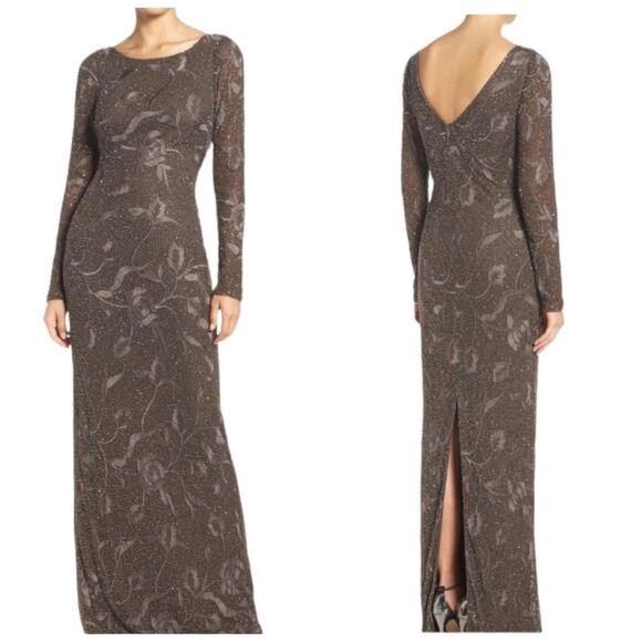 Aidan Mattox Beaded Embroidered Formal Gown Espresso Brown Long Sleeve New 4 - Picture 1 of 14